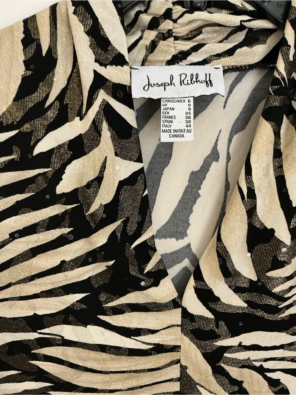 Joseph Ribkoff Metallic Gold Zebra Top V-Neck Sequin Travel Tunic 193156X Size 6 - Picture 2 of 6